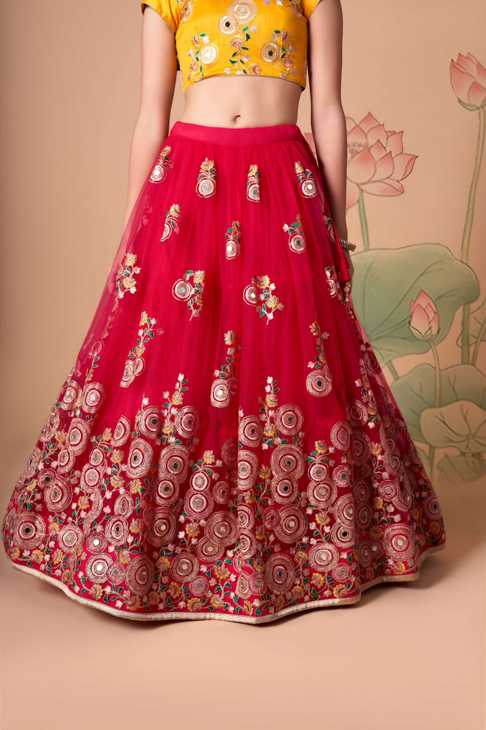 Rani Pink & Mustard colour Mirror Floral Lehenga Choli wholesale in surat 7323 Rani 